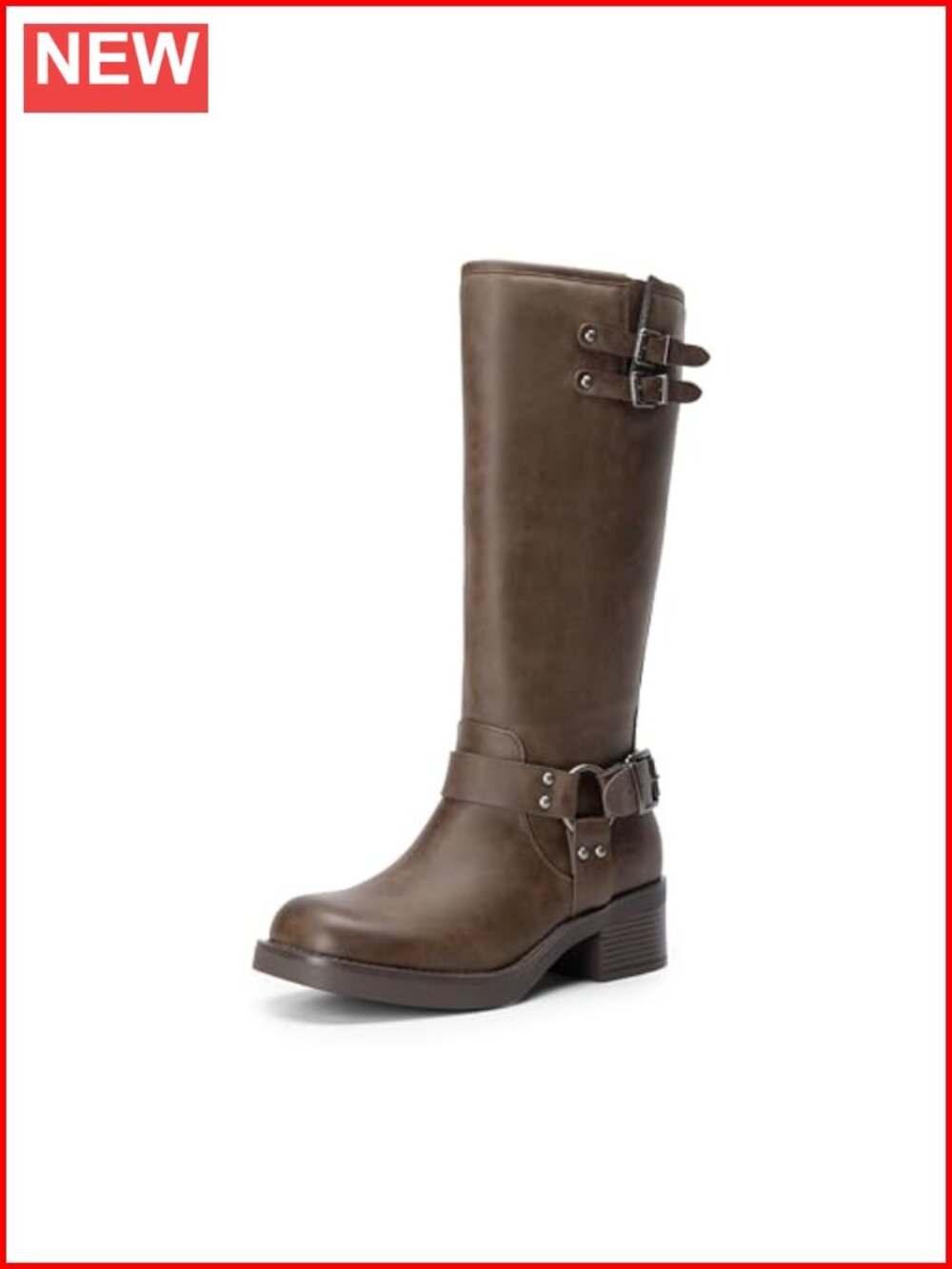 Women's Moto Knee-High Boots Faux Leather Square Toe Block Heel Buckle